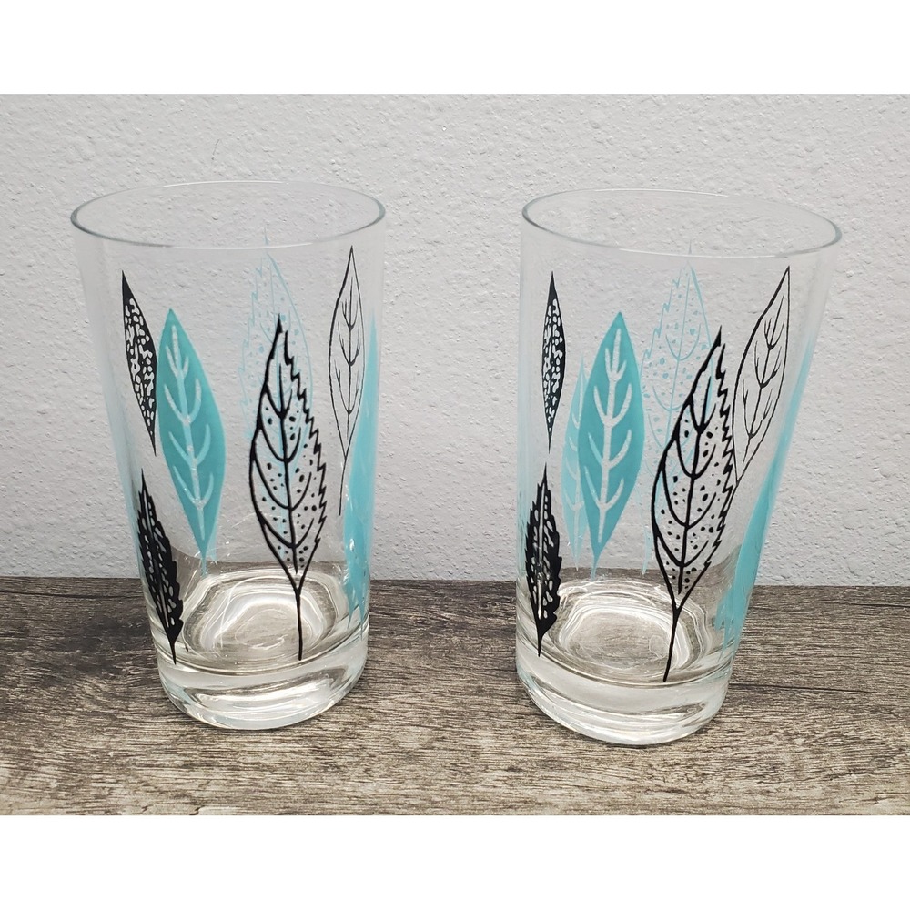 Vtg Federal Glass MCM Barware Teal & Black Leaves 5.25" X 2.75" Set Of 2 EUC